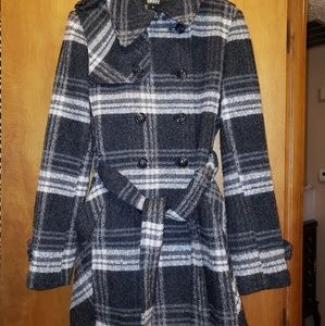 DKNY black, grey, and white plaid peacoat w. small